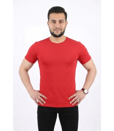 Erkek Basic Tişört Bisiklet Yaka Kısa Kol Günlük Yazlık Slim Fit T-Shirt - Kırmızı