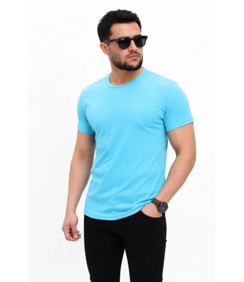 Erkek Basic Tişört Bisiklet Yaka Kısa Kol Günlük Yazlık Slim Fit T-Shirt - Açık Mavi