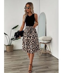 Kadın Askılı Yuvarlak Yakalı Viskon Bluz Ve Leopar Desenli önü Düğmeli Midi Etek Ikili Takım