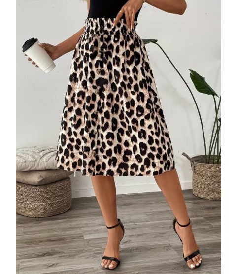 Kadın Askılı Yuvarlak Yakalı Viskon Bluz Ve Leopar Desenli önü Düğmeli Midi Etek Ikili Takım