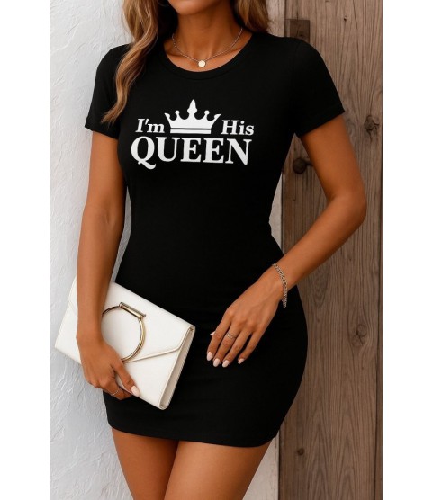 Kadın Kısa Kollu Queen Baskı Iki Iplik Mini Elbise