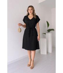 Kadın Kısa Kollu V Yakalı Beli Kuşaklı Ithal Keten Elbise