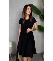 Kadın Kısa Kollu V Yakalı Beli Kuşaklı Ithal Keten Elbise