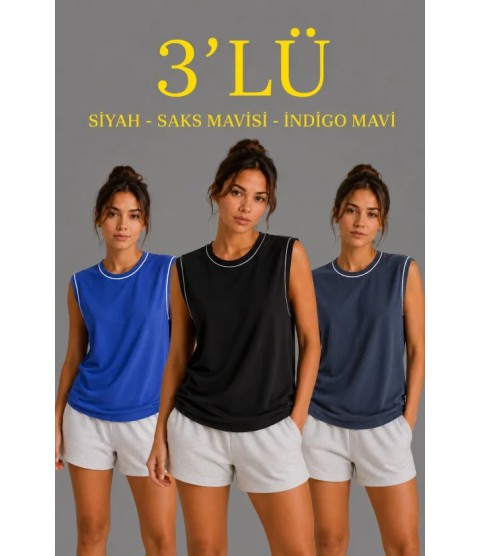 3’lü Kolsuz Sporcu Atlet Seti Yazlık Bisiklet Yaka - Siyah, Saks Mavisi, İndigo 3’lü Kolsuz Sporcu Atlet Seti Yazlık Bisiklet Yaka - Siyah, Saks Mavisi, İndigo