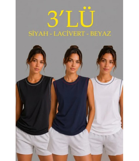 3’lü Kolsuz Sporcu Atlet Seti Yazlık Bisiklet Yaka - Siyah, Lacivert, Beyaz