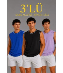 Erkek 3’lü Kolsuz Sporcu Atlet Seti Yazlık Bisiklet Yaka - Siyah, Lila, Saks Mavisi