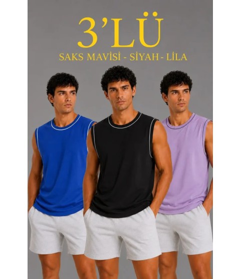 Erkek 3’lü Kolsuz Sporcu Atlet Seti Yazlık Bisiklet Yaka - Siyah, Lila, Saks Mavisi