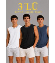 Erkek 3’lü Kolsuz Sporcu Atlet Seti Yazlık Bisiklet Yaka - Siyah, Beyaz, İndigo