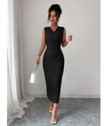 Kadın Kolsuz Kruvaze Yakalı Midi Janjan Krep Elbise