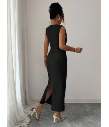 Kadın Kolsuz Kruvaze Yakalı Midi Janjan Krep Elbise