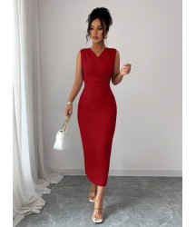 Kadın Kolsuz Kruvaze Yakalı Midi Janjan Krep Elbise