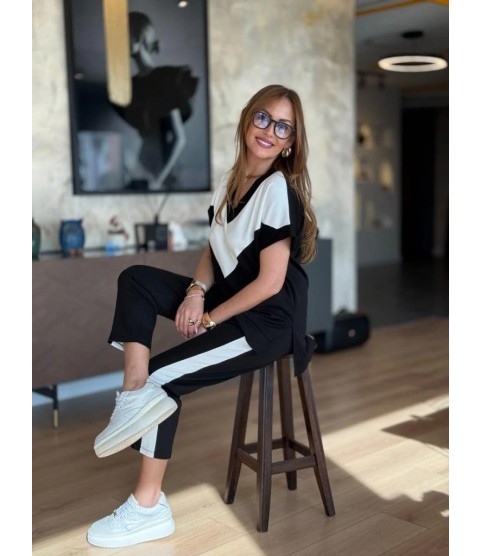 Kadın Kısa Kollu V Yakalı çift Renkli Viskon Iki Iplik Ikili Bluz Ve Pantolon Takım Kadın Kısa Kollu V Yakalı çift Renkli Viskon Iki Iplik Ikili Bluz Ve Pantolon Takım