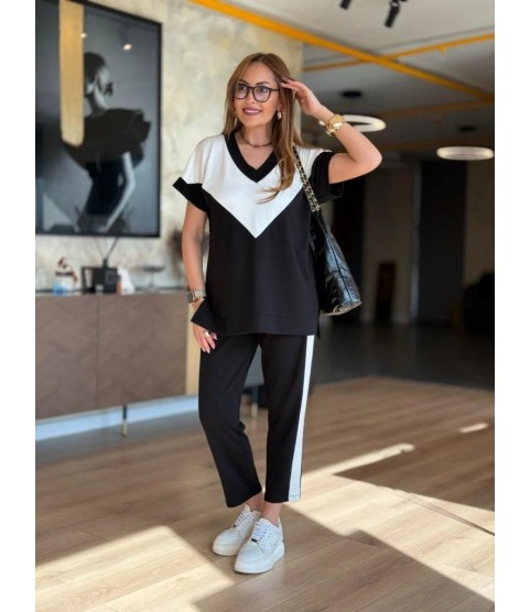 Kadın Kısa Kollu V Yakalı çift Renkli Viskon Iki Iplik Ikili Bluz Ve Pantolon Takım Kadın Kısa Kollu V Yakalı çift Renkli Viskon Iki Iplik Ikili Bluz Ve Pantolon Takım