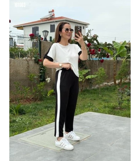 Kadın Kısa Kollu Modal Dokulu Kumaş Yanı şeritli Takım