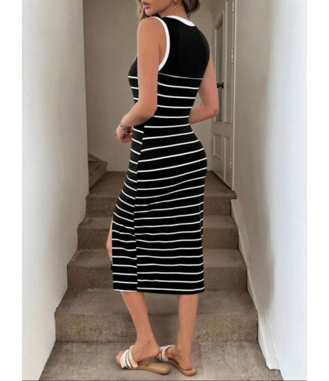 Kadın Askılı Yuvarlak Yaka şerit Detaylı Yırtmaçlı Midi Triko Elbise