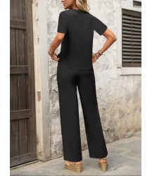 Kadın Kısa Kollu Kayık Yaka önü Asimetrik Detaylı Kısa Sandy Bluz Ve Pantolon Ikili Takım