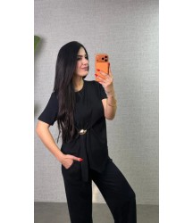 Kadın Kısa Kollu Bisiklet Yaka Yandan Toka Detaylı Viskon Iki Iplik Bluz Ve Pantolon Ikili Takım