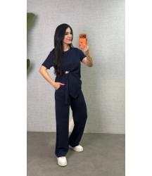 Kadın Kısa Kollu Bisiklet Yaka Yandan Toka Detaylı Viskon Iki Iplik Bluz Ve Pantolon Ikili Takım