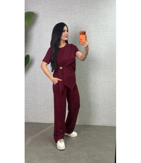 Kadın Kısa Kollu Bisiklet Yaka Yandan Toka Detaylı Viskon Iki Iplik Bluz Ve Pantolon Ikili Takım