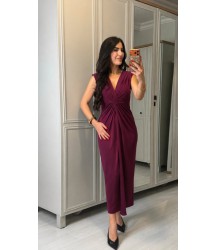 Kadın Kısa Kollu V Yakalı önü Sarmal Detaylı Yırtmaçlı Sandy Midi Elbise