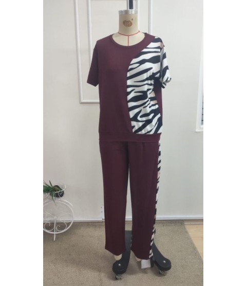 Kadın Kısa Kollu Bisiklet Yaka Zebra Desen Bluz Ve Pantolon Ikili Takım