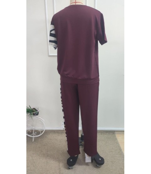 Kadın Kısa Kollu Bisiklet Yaka Zebra Desen Bluz Ve Pantolon Ikili Takım