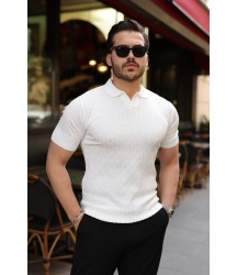 Erkek Örgü Desen Yakalı Kısa Kollu Triko Tişört