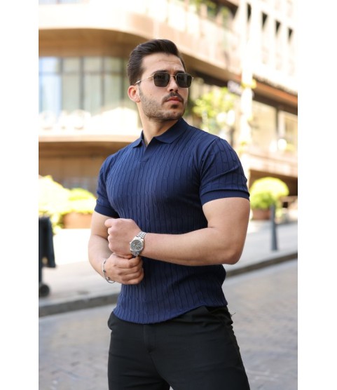 Erkek Örgü Desen Yakalı Kısa Kollu Triko Tişört