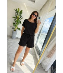Kadın Kısa Kollu Yakası Açık Modal Bluz Ve Bağcıklı Kısa şort Ikili Takım