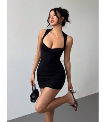 Kadın Sırtı Kalp Detaylı Likralı Esnek Kumaş Mini Boy Elbise