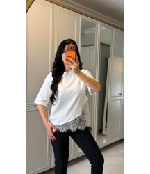 Kısa Kollu Bısıklet Yakalı Dantel Detaylı Vıskon ıkı ıplık Bluz
