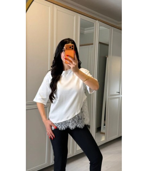 Kısa Kollu Bısıklet Yakalı Dantel Detaylı Vıskon ıkı ıplık Bluz