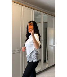 Kısa Kollu Bısıklet Yakalı Dantel Detaylı Vıskon ıkı ıplık Bluz