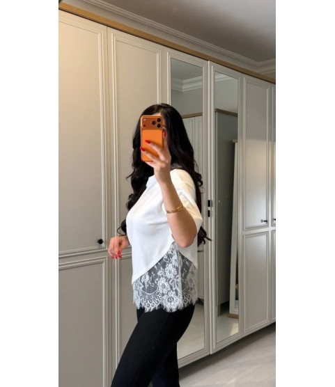 Kısa Kollu Bısıklet Yakalı Dantel Detaylı Vıskon ıkı ıplık Bluz