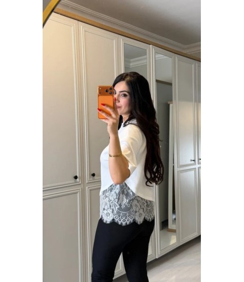 Kısa Kollu Bısıklet Yakalı Dantel Detaylı Vıskon ıkı ıplık Bluz