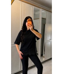 Kadın Kısa Kollu Bisiklet Yakalı Dantel Detaylı Viskon Iki Iplik Bluz