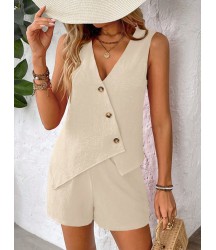 Kadın Askılı önü Düğmeli Asimetrik Detaylı Bluz Ve Astarlı Short Ikili Takım