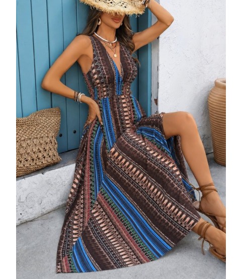 Kadın Askılı Derin V Göğüs Dekolteli Desenli Uzun Süprem Elbise Kadın Askılı Derin V Göğüs Dekolteli Desenli Uzun Süprem Elbise
