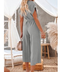 Kadın Kısa Kollu V Yakalı Düğmeli Kuşaklı Cep Detaylı Uzun Tulum