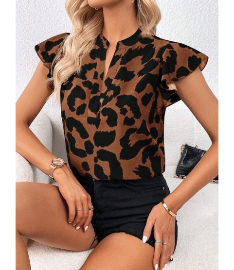 Kadın Kısa Fırfır Kollu V Yakalı Leopar Desenli Süprem Bluz