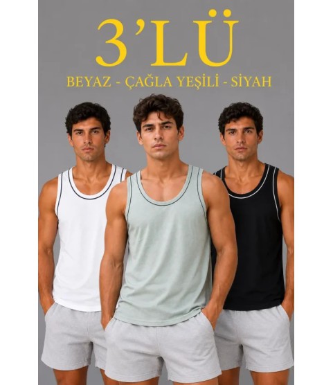 Erkek 3’lü Kolsuz Sporcu Atlet Seti Yazlık Bisiklet Yakalı - Mint Yeşili, Siyah, Beyaz