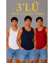 Erkek 3’lü Kolsuz Sporcu Atlet Seti Yazlık Bisiklet Yakalı - Lacivert, Kırmızı, Beyaz
