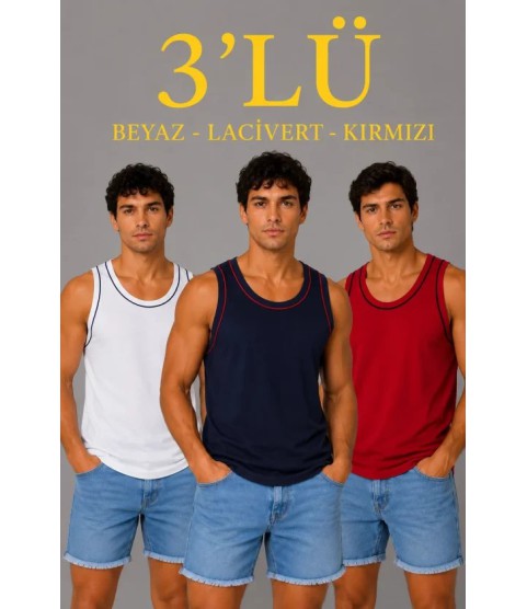 Erkek 3’lü Kolsuz Sporcu Atlet Seti Yazlık Bisiklet Yakalı - Lacivert, Kırmızı, Beyaz