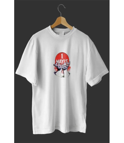 1 Mayıs Emek Ve Dayanışma Günü Baskılı Oversize Bisiklet Yaka T-shirt - Beyaz