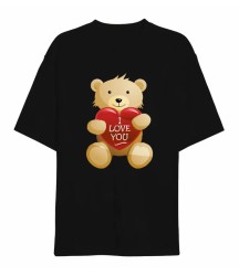 14 Şubat Sevgililer Günü I Love You Ayı Baskılı Oversize Bisiklet Yaka T-shirt - Siyah