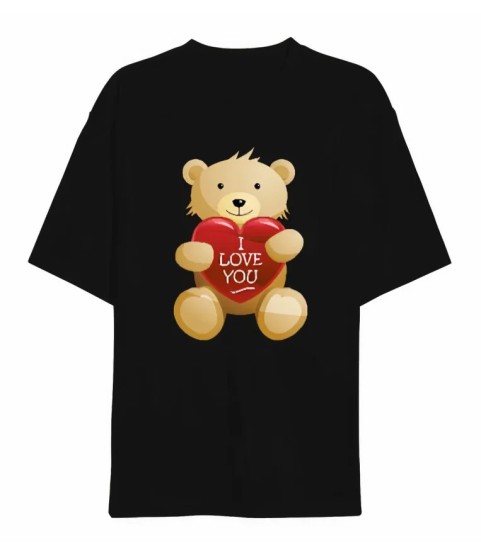 14 Şubat Sevgililer Günü I Love You Ayı Baskılı Oversize Bisiklet Yaka T-shirt - Siyah