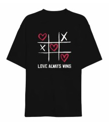 14 Şubat Sevgililer Günü Love Always Wins Baskılı Oversize Bisiklet Yaka T-shirt - Siyah
