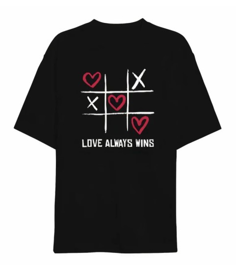 14 Şubat Sevgililer Günü Love Always Wins Baskılı Oversize Bisiklet Yaka T-shirt - Siyah