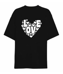 14 Şubat Sevgililer Günü Love Kalp Baskılı Oversize Bisiklet Yaka T-shirt - Siyah