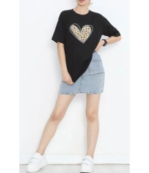 14 Şubat Sevgililer Günü Leopar Kalp Baskılı Oversize Bisiklet Yaka T-shirt - Siyah